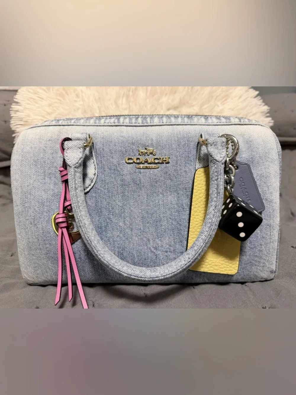 Coach Light Blue Denim Satchel with Pink and Gold Accents